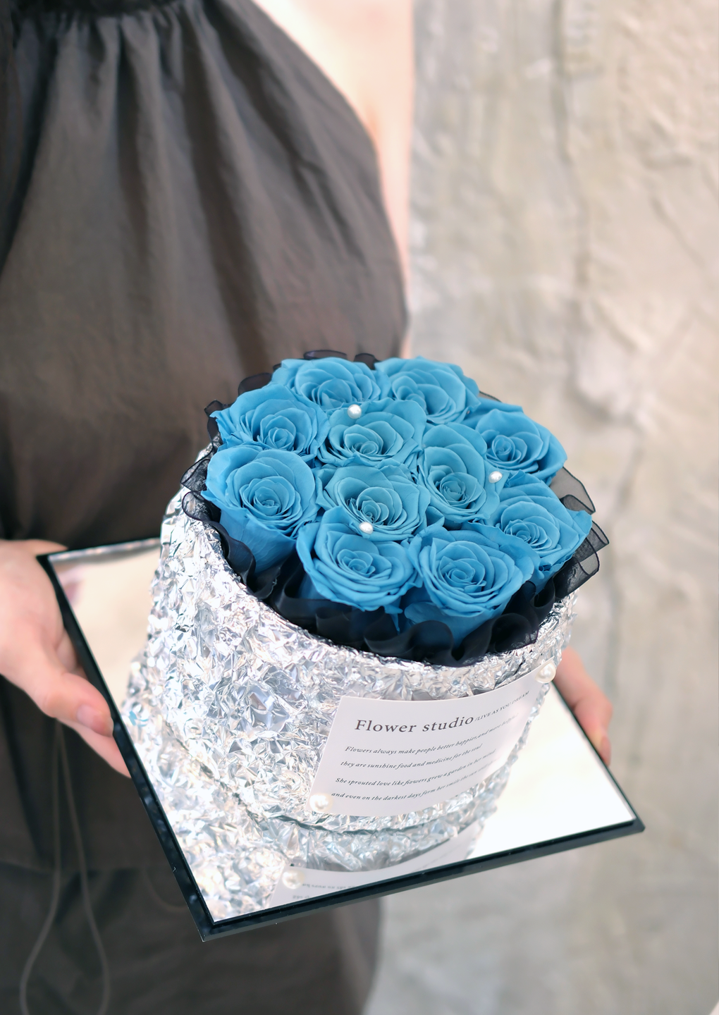 Preserved blue roses in silver gift box by EVERE Singapore